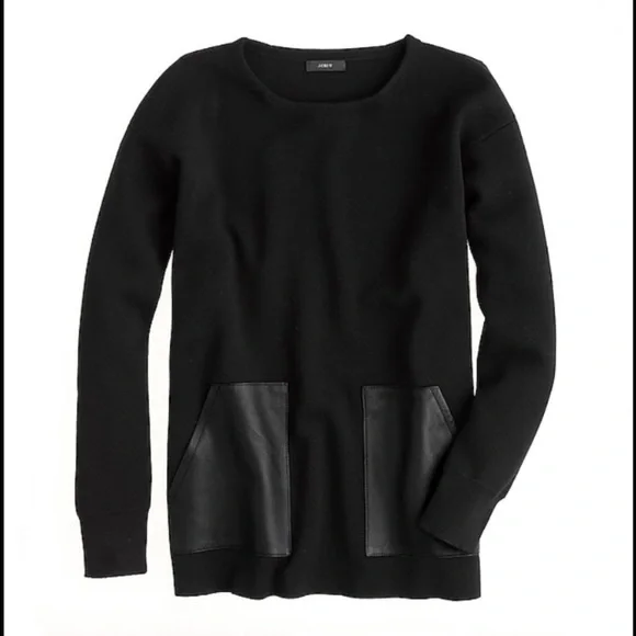 J.Crew 100% Merino Wool Leather Pocket Tunic Sweater Black Longline Style 02624 - Picture 2 of 16
